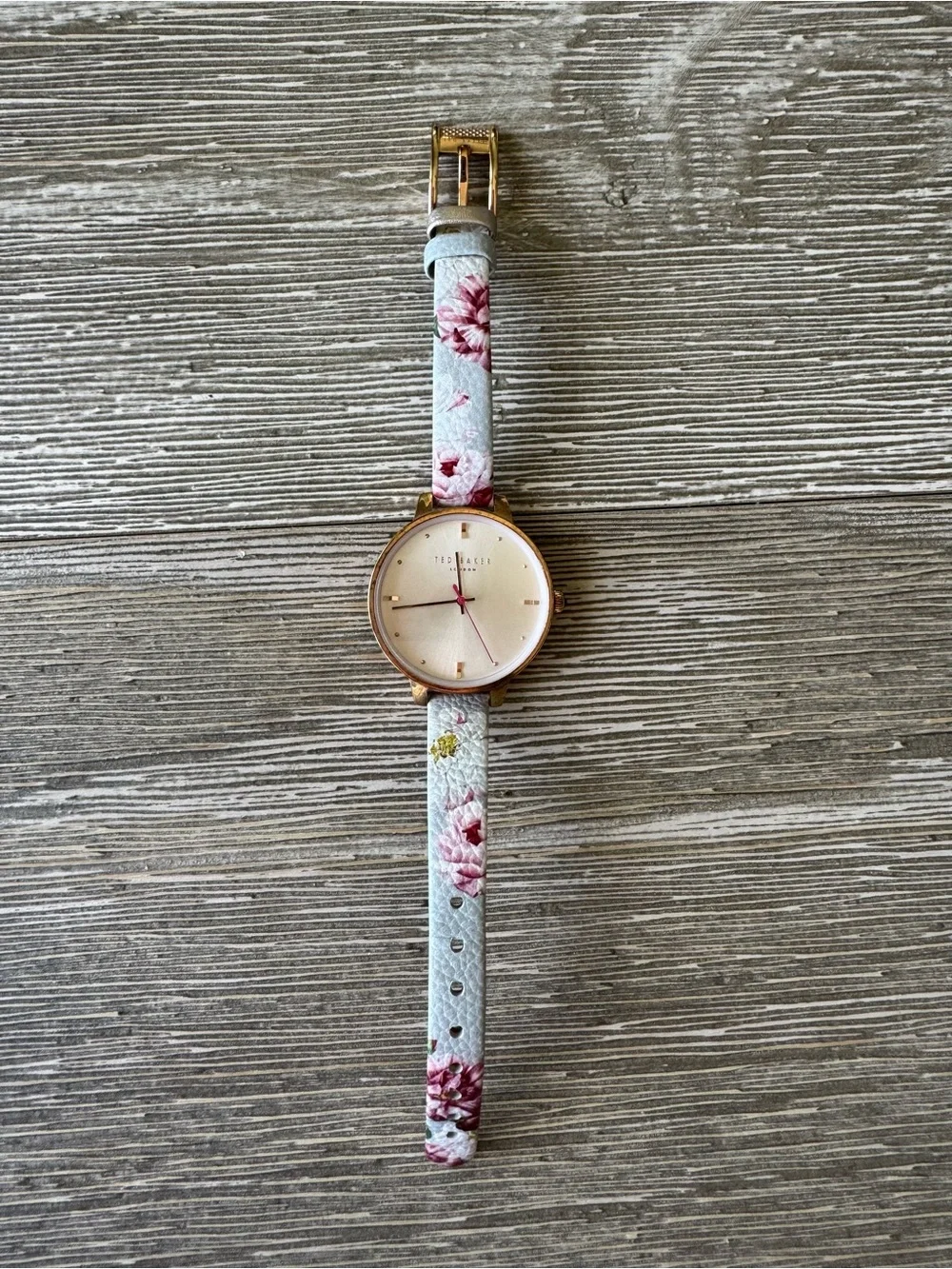 Ted Baker Rose Gold Case Watch with White Floral Strap and Pink Accents